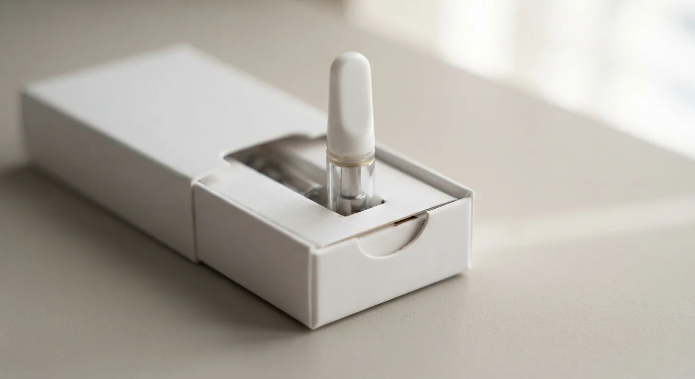 A single 510 thread cartridge seated upright in a die-cut paperboard platform insert inside an open white two-piece carton