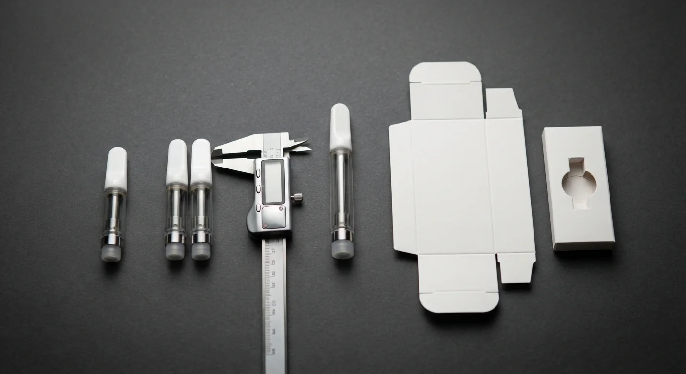 Four 510 thread cartridges from 0.3ml to 2.0ml laid beside a digital caliper, an unfolded white SBS carton dieline, and a scored paperboard platform insert