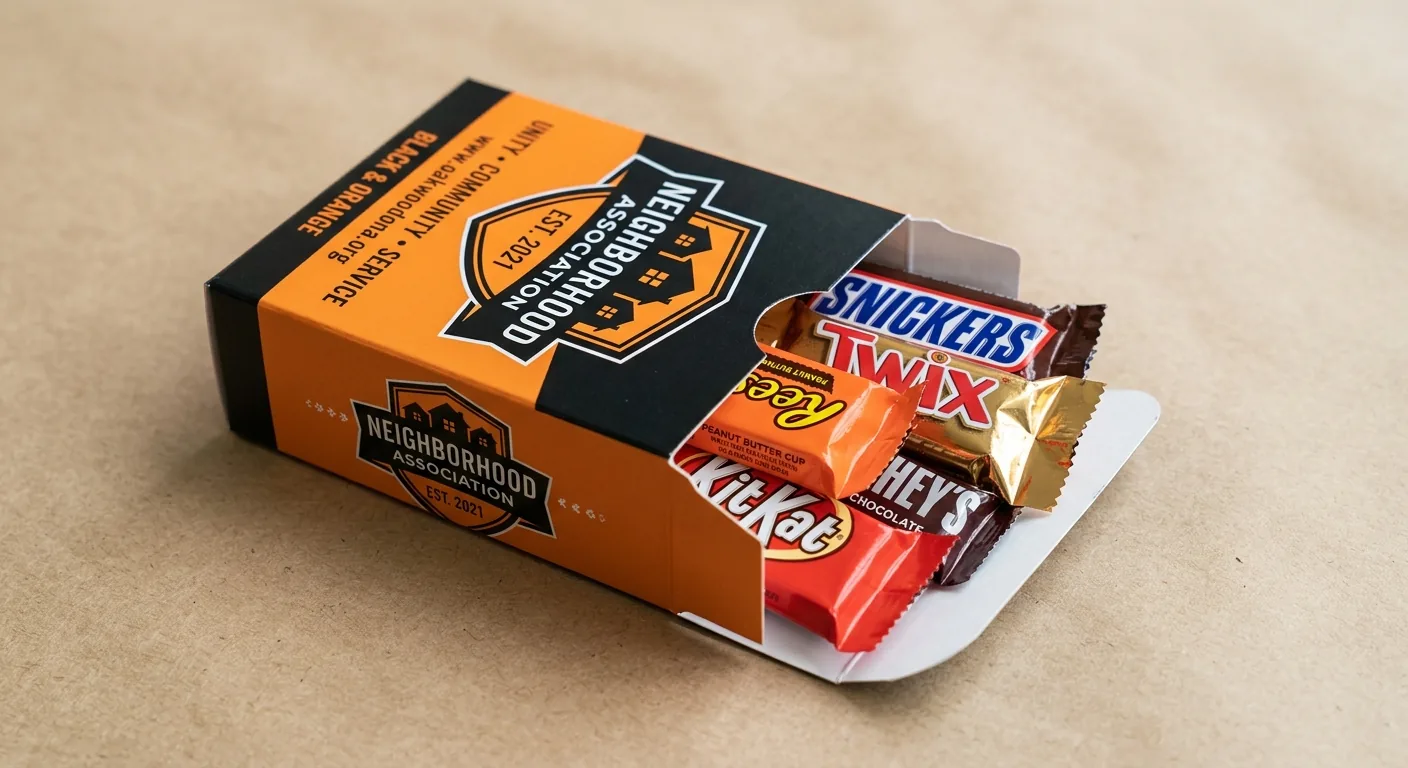 Open orange and black printed tuck box with a neighborhood association logo, filled with wrapped fun-size candy bars, on a kraft paper surface