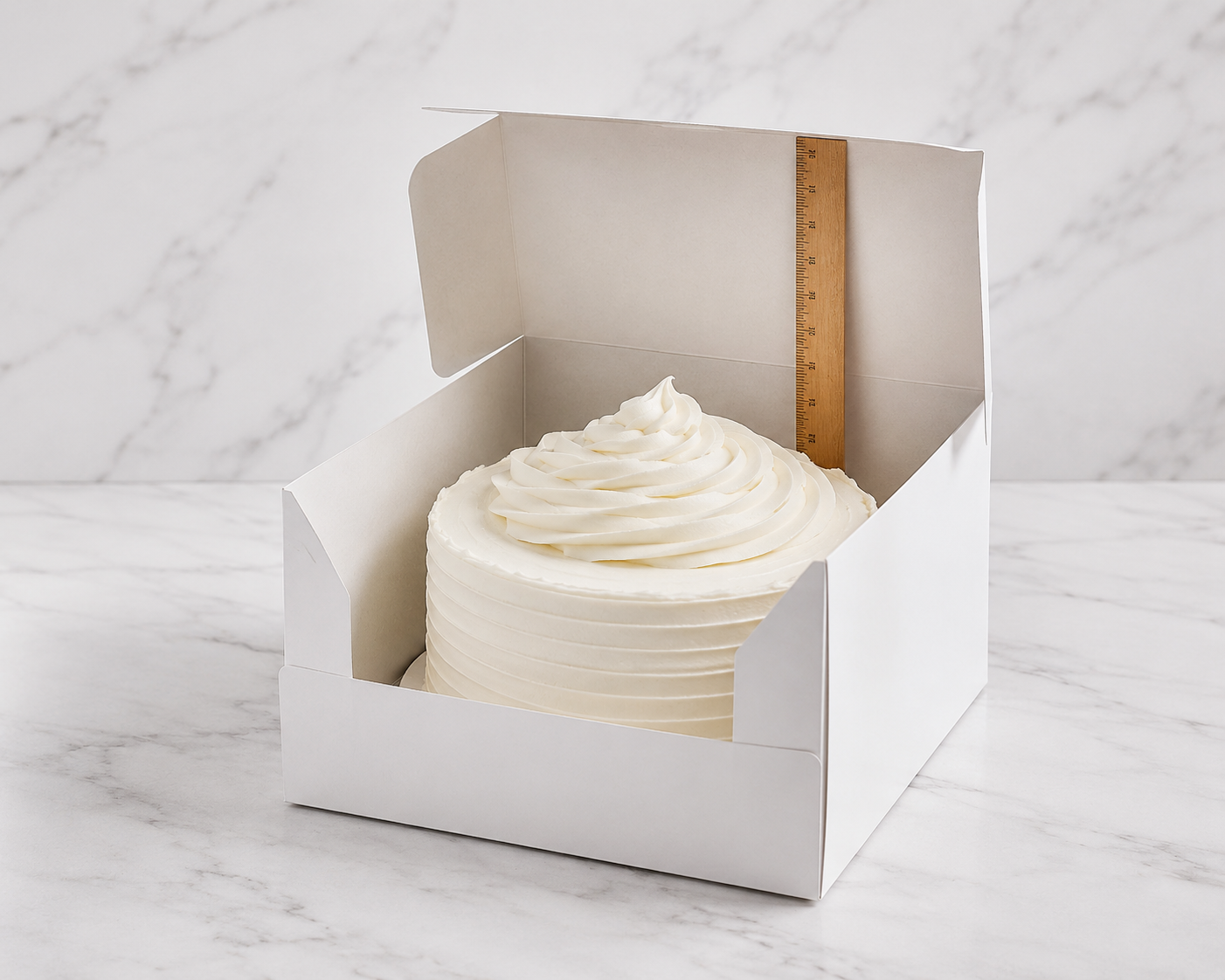 Side-by-side comparison of cake box depth options from 4-inch to 12-inch showing different cake builds inside each box