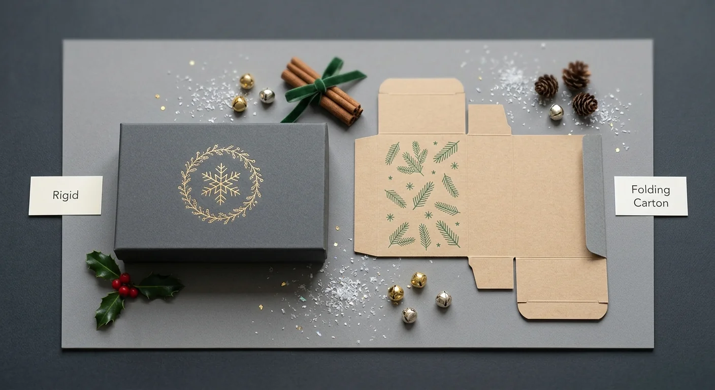 A wrapped rigid gift box with a foil-stamped snowflake wreath beside a flat unfolded kraft folding carton printed with green fir sprigs, labelled Rigid and Folding Carton on a grey surface with holiday props