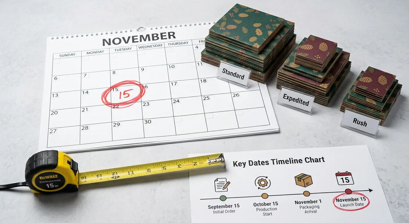 A warehouse packing bench in mid-November with flat-packed printed holiday mailer boxes stacked on a pallet, a wall calendar showing November with the 15th circled in red, and tape guns, printed labels, and a production schedule binder in the foreground