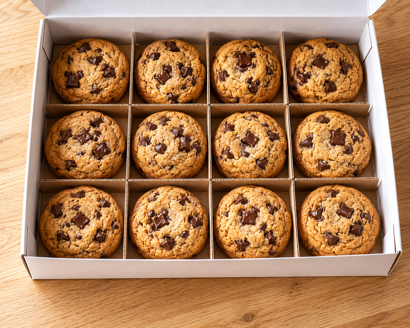 Top-down photo of an open kraft cookie box holding twelve chocolate-chip cookies in a 4x3 grid with quarter-inch gaps and a cardboard cell divider visible