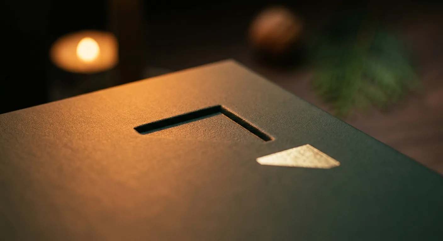 Close-up of a blind debossed logo mark recessed into a dark soft-touch rigid gift box lid, lit from the side by candlelight so the recessed edge throws a visible shadow line across the matte surface