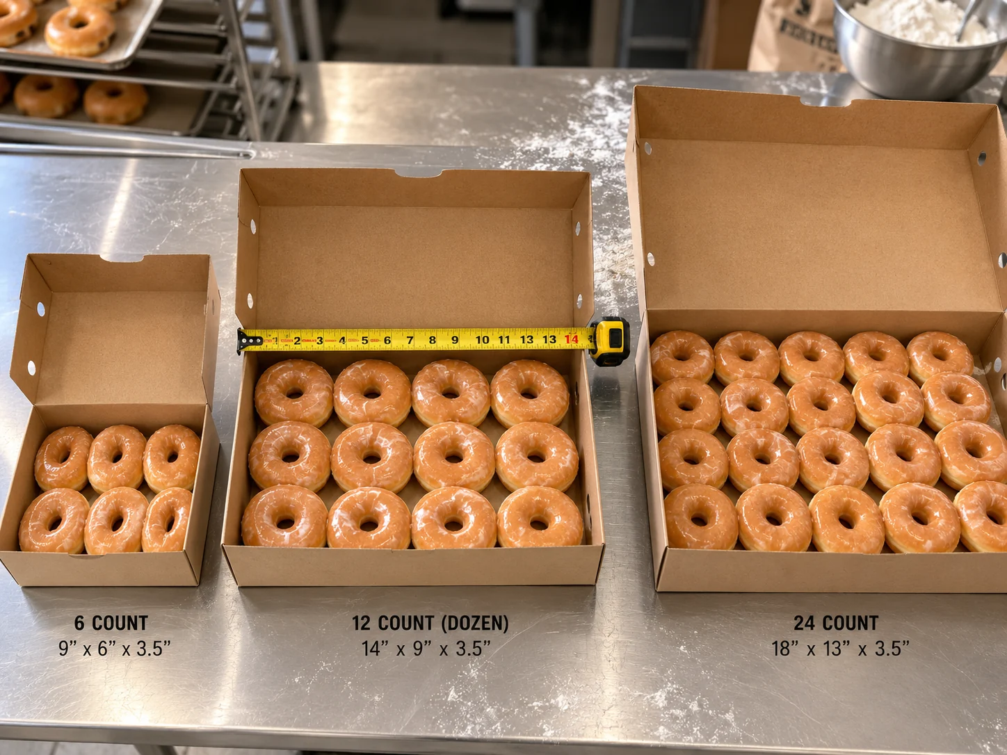 Three kraft donut boxes in 6, 12, and 24 count sizes on a stainless bakery table, filled with glazed raised rings, with a tape measure across the dozen box showing standard donut box dimensions
