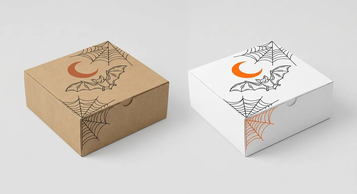 The same Halloween bat and cobweb artwork printed on two bakery boxes side by side: on natural kraft board the crescent moon reads as a muted rust brown, while on white board the identical file prints as bright Halloween orange