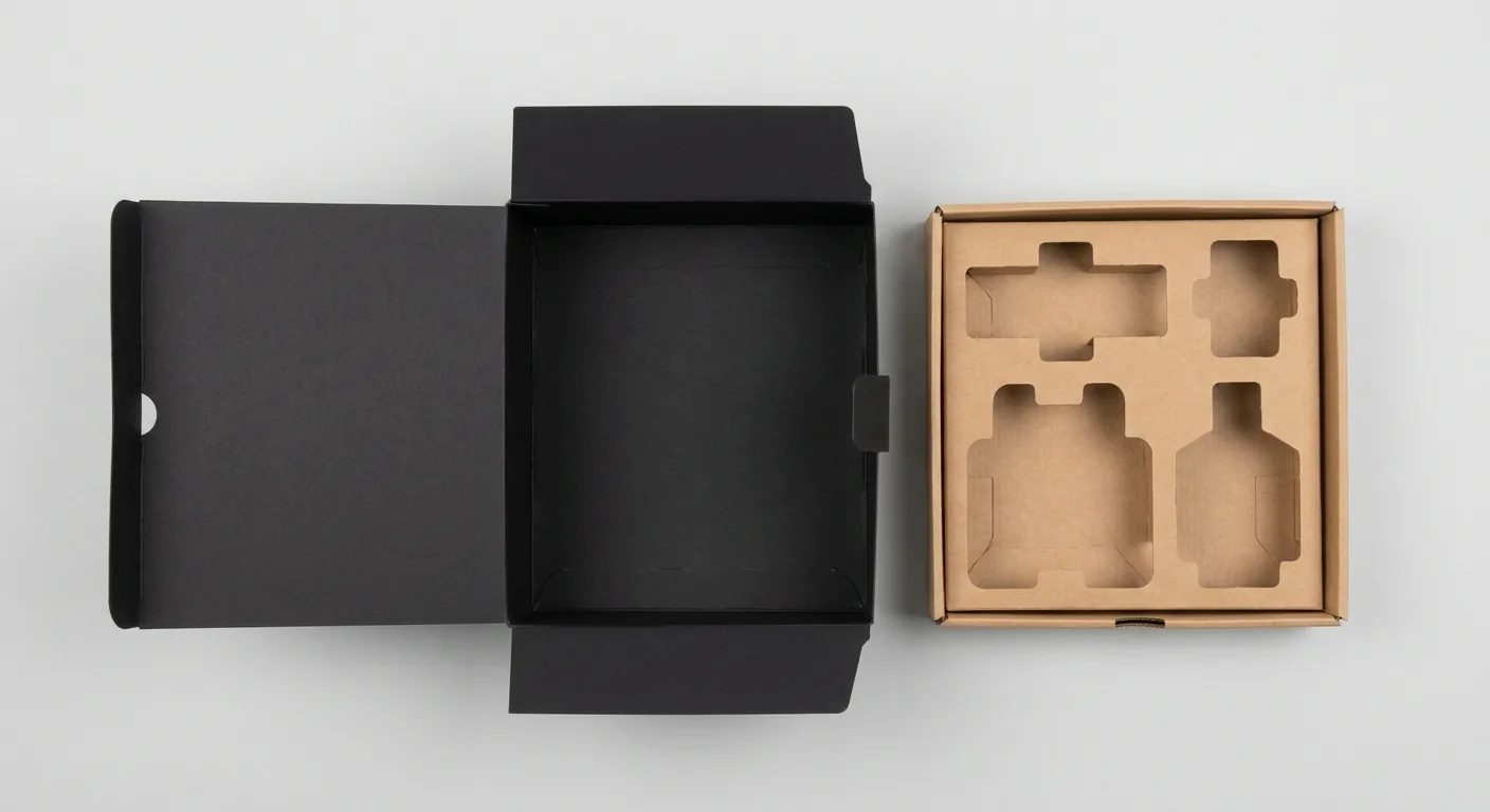 An open matte black cosmetic box shell beside a kraft paperboard insert tray with four die-cut product cavities, showing one outer shell paired with a product-specific insert