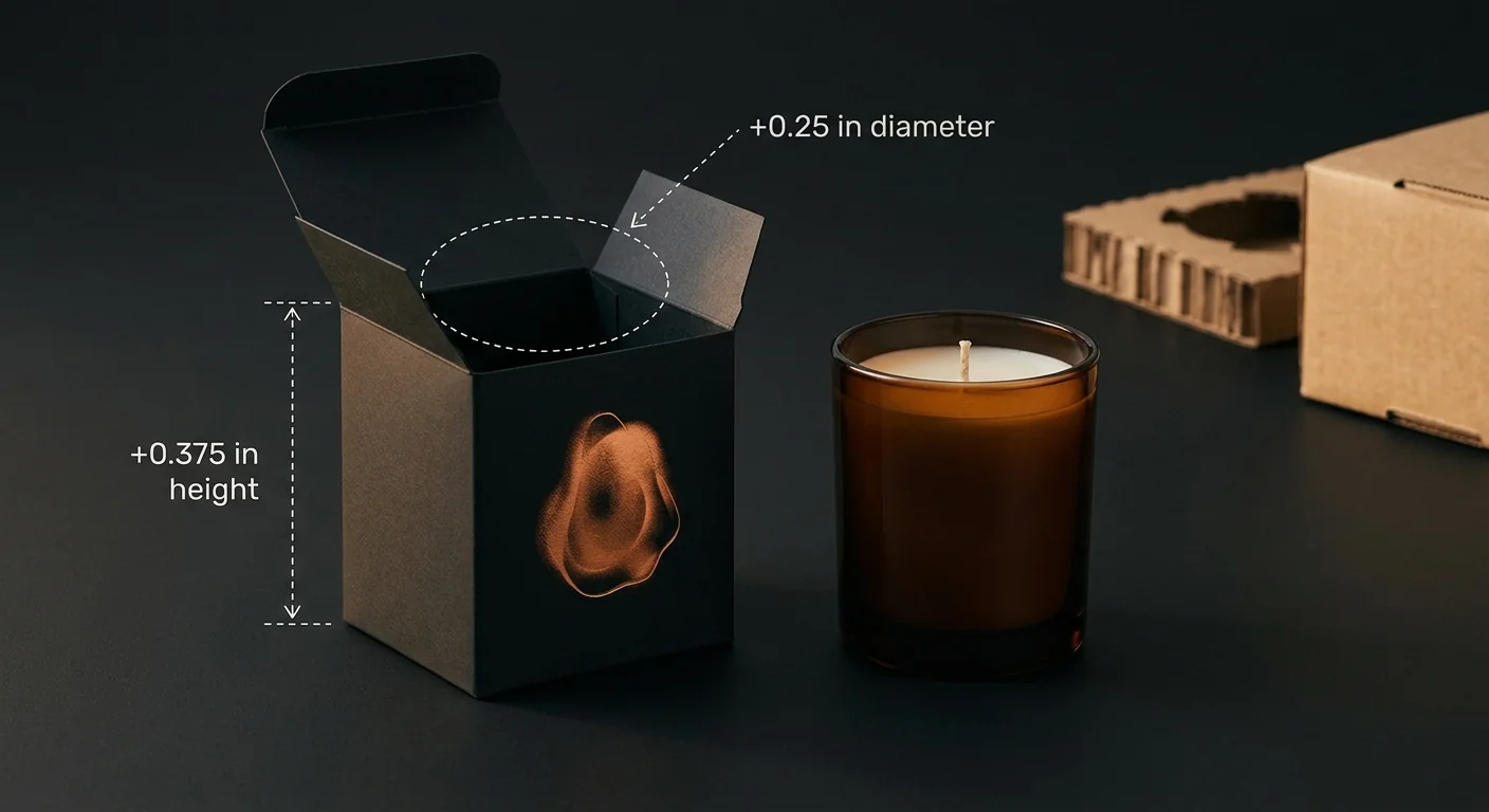 A matte black candle carton with a copper illustration shown open beside an amber glass candle vessel, annotated with plus 0.25 inch diameter clearance at the carton opening and plus 0.375 inch height clearance up the side panel, with a die-cut corrugated shipper insert behind