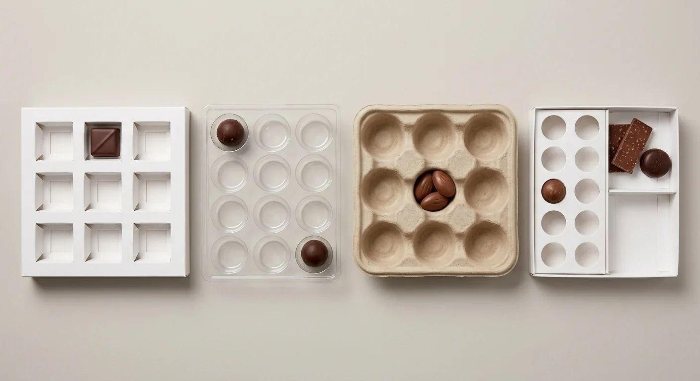 Four candy box insert formats side by side on a pale background: an 18pt paperboard platform insert with square cavities, a clear vacuum-formed PET tray with round wells, a molded fiber tray with deep cups, and a two-zone insert combining fixed round cavities with an open divided compartment holding a chocolate bar and truffles