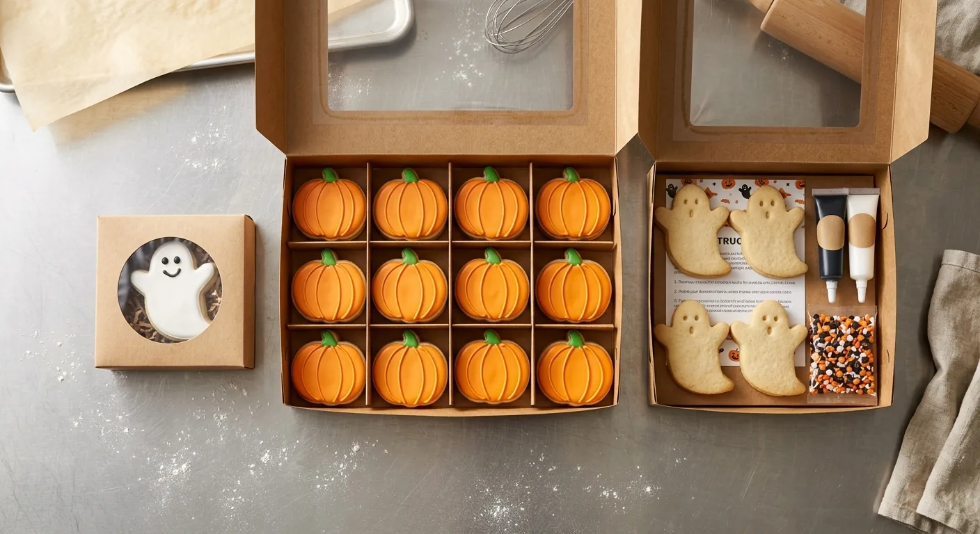 Overhead photo of three open Halloween cookie boxes side by side: a single-cookie window box holding an iced ghost cookie, an 11.25 x 8.5 x 2.5 inch dozen box of iced pumpkin-design cookies in a cell-grid divider, and a 9 x 9 x 2.5 inch DIY kit box with unfrosted ghost cookies, icing tubes, a sprinkle pouch, and an instruction card