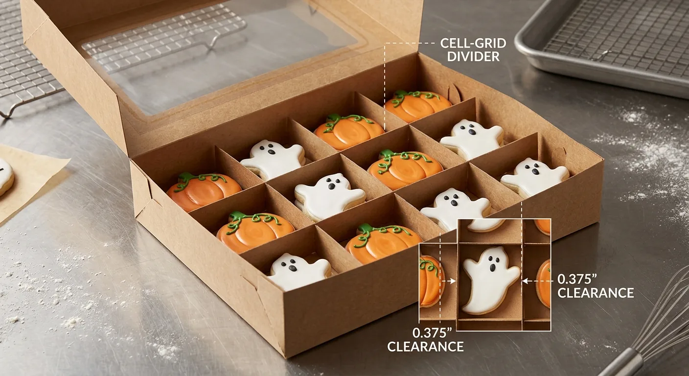 Open kraft cookie box with a cell-grid divider holding iced ghost and pumpkin cookies in a single layer, annotated with a callout to the cell-grid divider and a detail view showing 0.375 inch clearance on each side of an iced ghost cookie