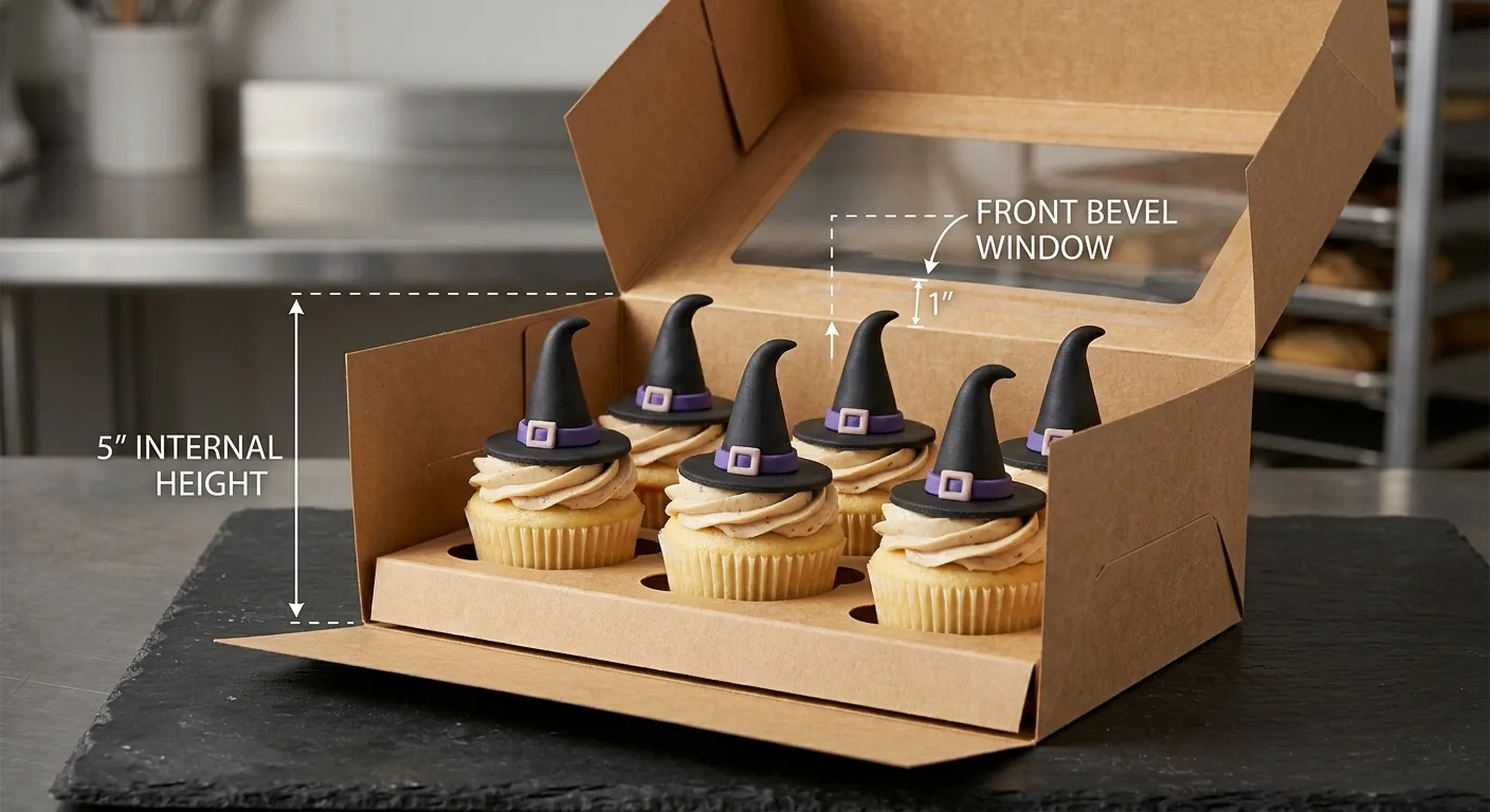 Open kraft 6-count cupcake box holding cupcakes topped with fondant witch hats in a raised insert, annotated with a 5 inch internal height and a front bevel window that starts 1 inch above the insert line