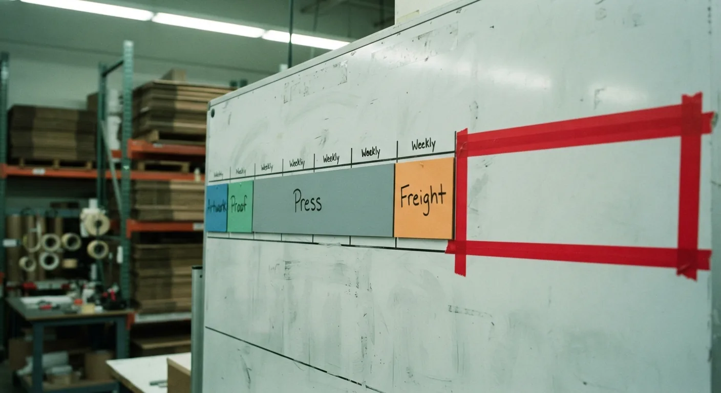 A production planning whiteboard in a print shop showing a horizontal seasonal schedule with colored cards labeled Artwork, Proof, Press, and Freight marked off in weekly increments, with a red tape block marking the closed October window