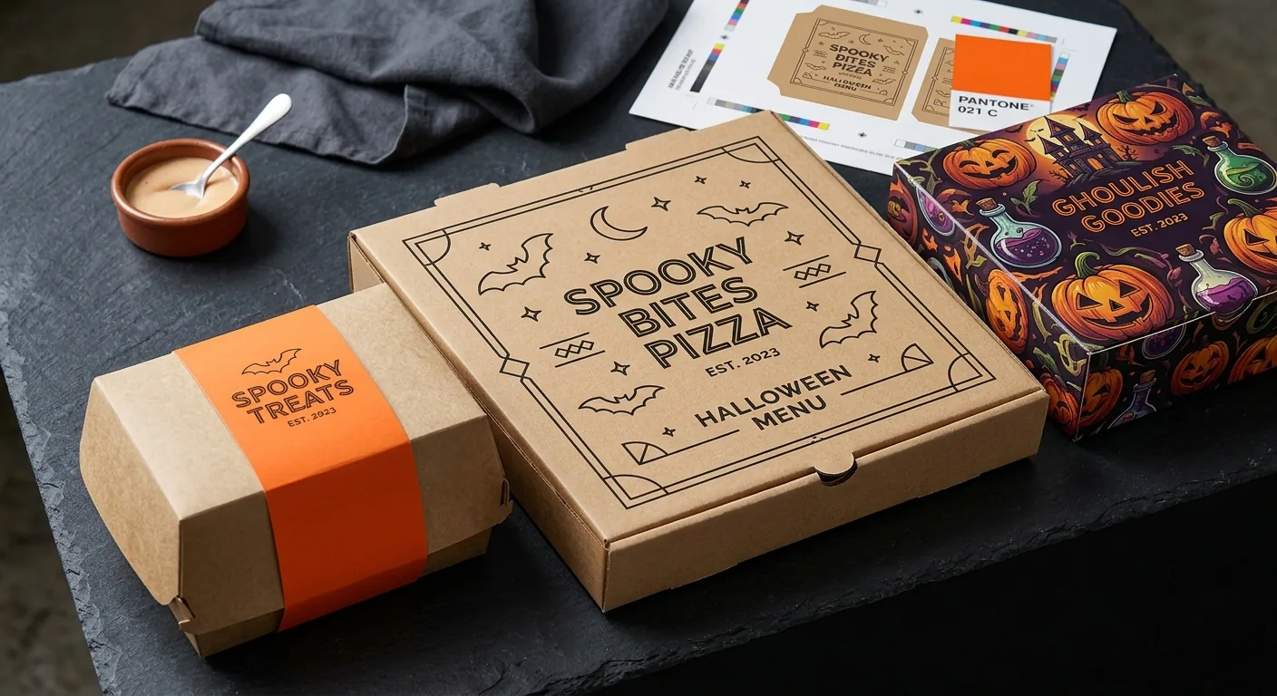 Overhead view on a dark slate counter of a kraft pizza box printed with black Halloween line art, an open kraft burger clamshell holding a cheeseburger, and a plain kraft box wrapped in a one color orange paper band, with a press proof sheet and a Pantone Orange 021 C chip at the edge of frame