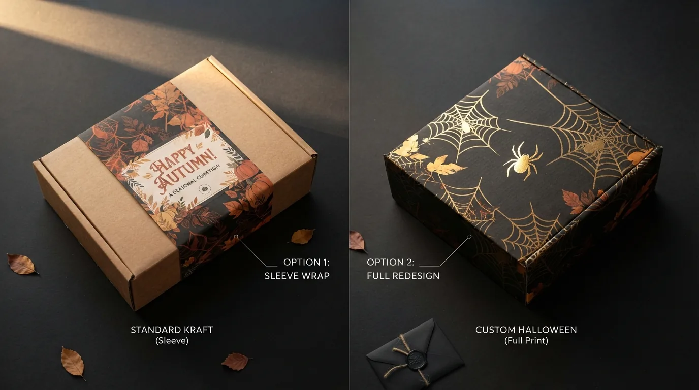 Side-by-side comparison of two Halloween subscription boxes: option one, a standard kraft mailer box wrapped in a printed seasonal sleeve, and option two, a fully redesigned black box printed edge to edge with gold spider web art