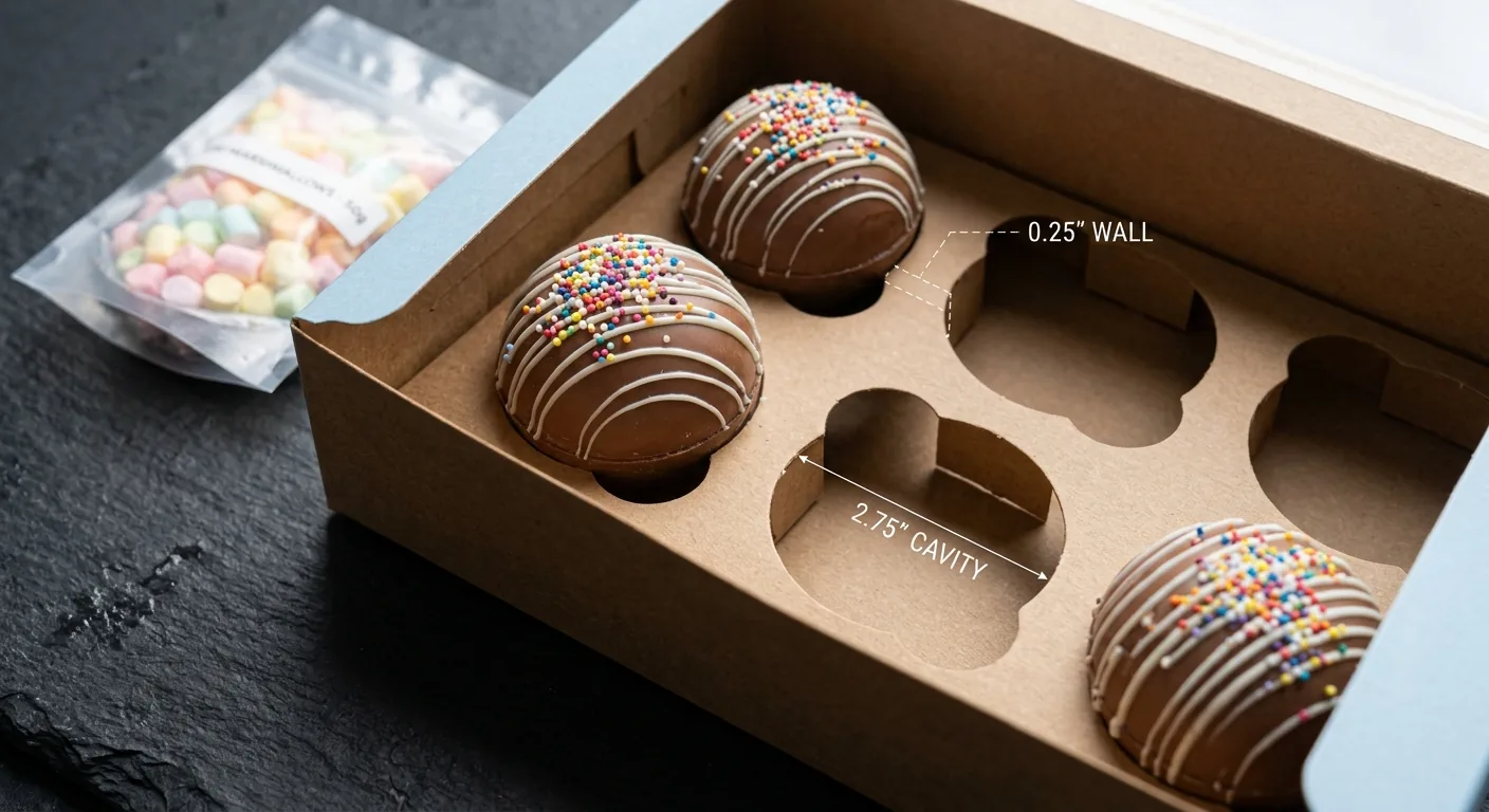 Open kraft cocoa bomb box with three decorated bombs seated in round-cut paperboard cavities, annotated with a 0.25 inch wall between cavities and a 2.75 inch cavity width