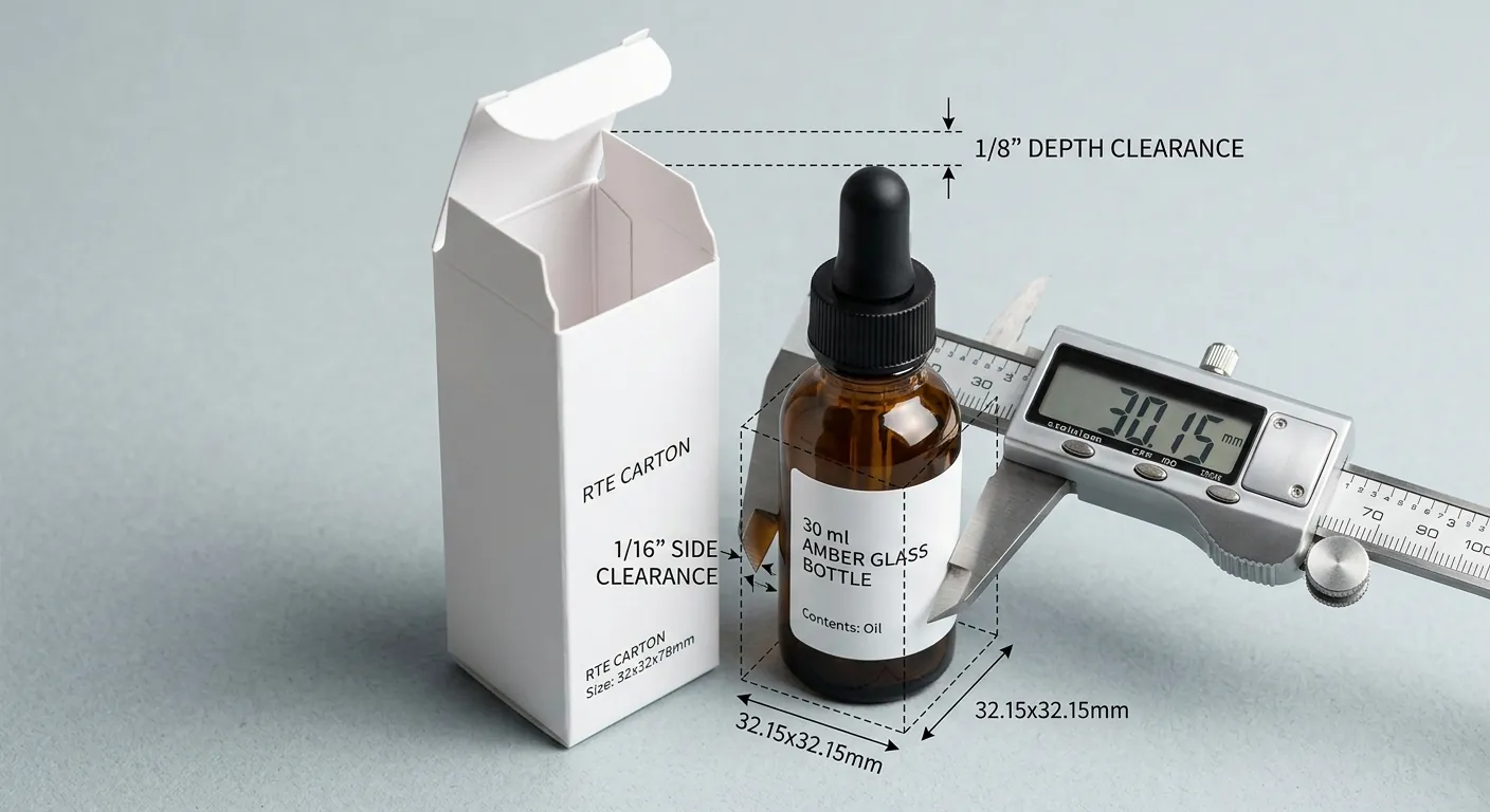 Amber 30 ml dropper bottle measured with a digital caliper beside an open white reverse tuck end carton, with dashed guides marking 1/16 inch side clearance and 1/8 inch depth clearance