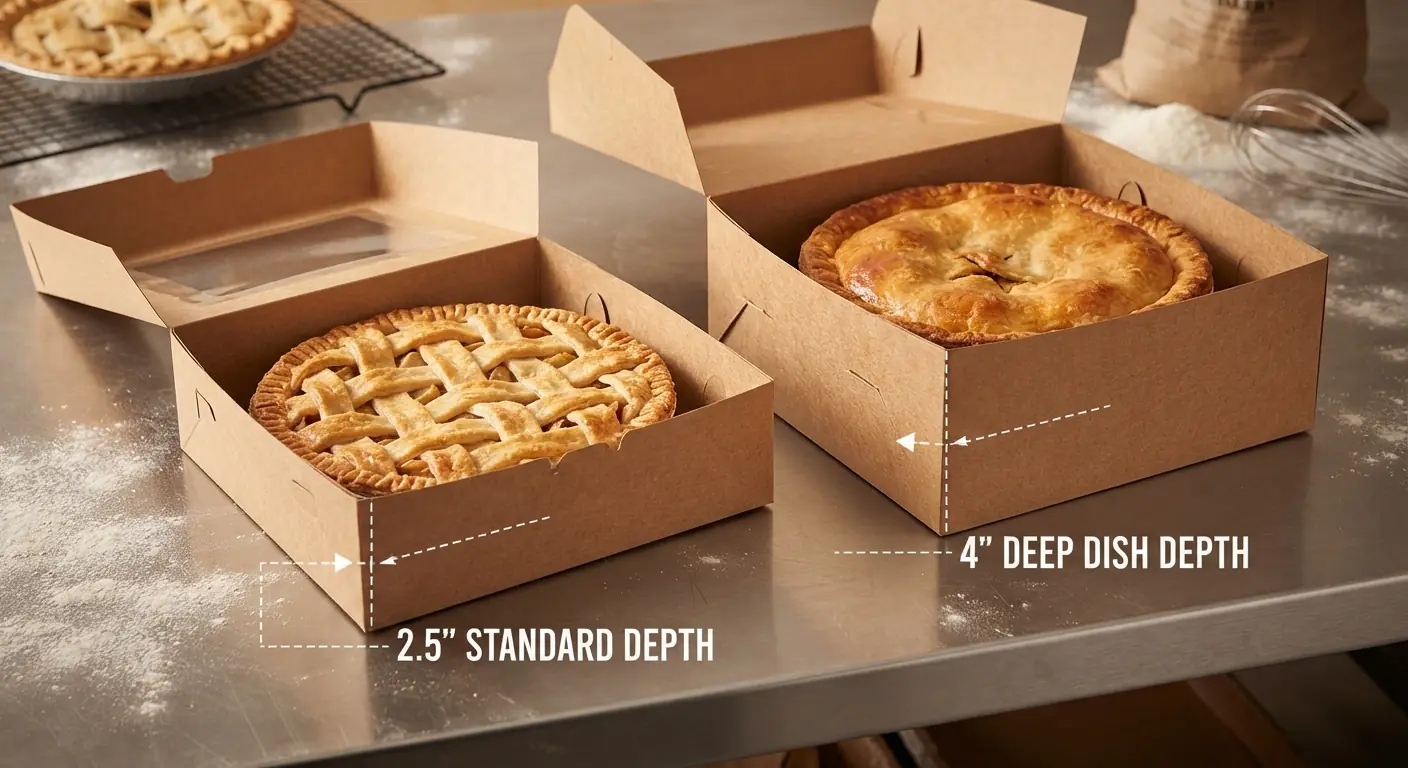 Two open kraft pie boxes side by side on a stainless bakery table: a shallow box holding a lattice-top pie marked 2.5 inch standard depth, and a taller box holding a deep dish double-crust pie marked 4 inch deep dish depth, with dashed lines indicating each box wall height
