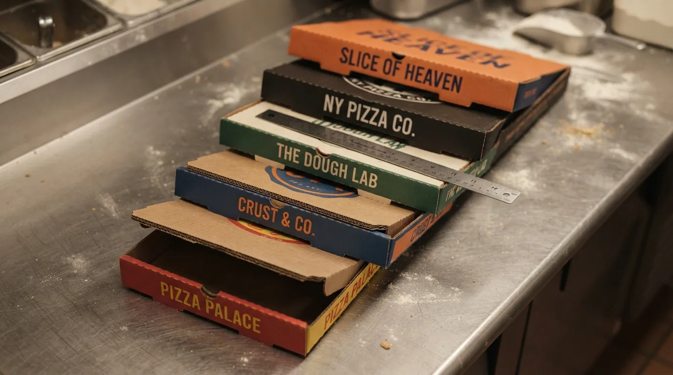 Five kraft pizza boxes in 10, 12, 14, 16, and 18 inch sizes stacked in a stepped fan on a prep counter, showing standard pizza box dimensions