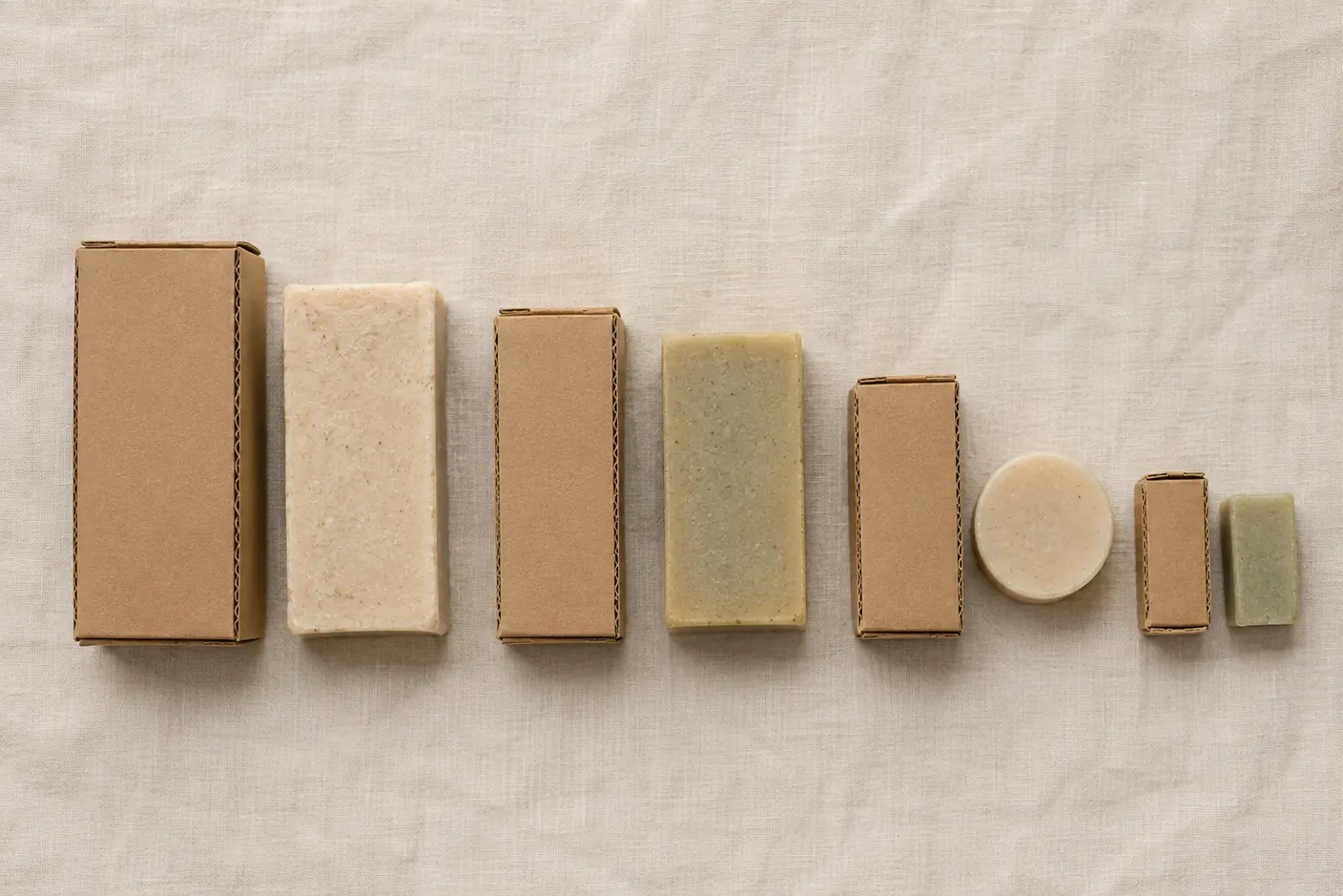 Four kraft soap boxes in descending sizes laid on linen beside the bars they hold: an oversize artisan bar, a standard rectangular bar, a round shampoo puck, and a small guest bar